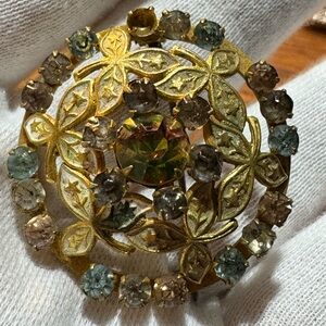 Antique MF Duches 3 Leaf Rainbow Crystal C Clasp Brooch
